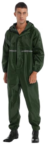 Kaerm Uomo 1 Pezzo Tuta Antipioggia ad Alta visibilità con Striscia Riflettente Giacca Impermeabile Antipioggia Mantella Tuta con Cappuccio e Coulisse Verde Scuro M