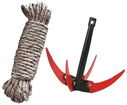 OFFSCH Râteau Coupe-Herbes D’étang Pliable en Acier Inoxydable 4 Dents Corde 10 m pour Jardinage Extérieur Et Entretien Bassin Et Portable