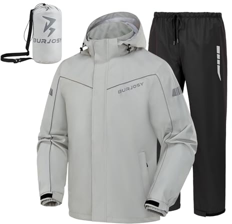 Burjosy Traje de Lluvia Impermeable para Hombre, Conjunto de Chaqueta y Pantalón de Lluvia Plegable, Impermeable Reflectante con Capucha a Prueba de Viento para Exteriores