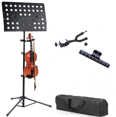 NEWFUN Notenständer Klappbar Stabil, Botenständer Klappbar, Notenständer Schwarz, Notenständer für Kinder und Erwachsene, Profis, mit Gitarrenhaken, Aufbewahrungstasche (Schwarz)