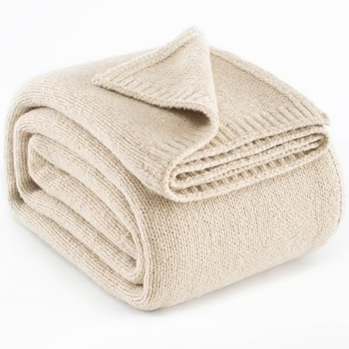Carriediosa Wool Blend Knit Throw Blanket 50 X 60, 50% Recycled Polyester Soft Cable Knitted Fluffy Throws for Couch Lightweight Woven Blankets for Sofa Fuzzy Cozy Bed Cover, Light Beige