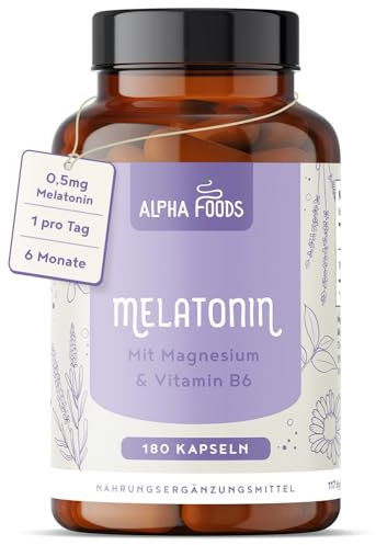 Melatonin Hochdosiert | 180 Kapseln | 0,5mg pro Kapsel | Mit Magnesium, Vitamin B6, Passionsblume & Kamille | Alternative zu Einschlafspray & Schlaftabletten | 100% vegan | Alpha Foods