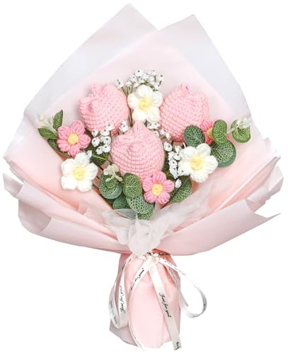 Dremisland Bouquet Fleurs au Crochet Bouquet Fleurs Tulipes Artificielles avec Eucalyptus Kits Crochet de Fausses Tulipes Faites à la Main Cadeau pour Anniversaire Graduation Maison Décor (Rose)