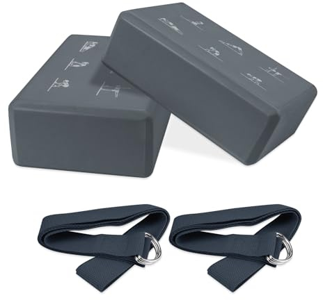 IBEQUEM Lot de 2 blocs de yoga antidérapants en mousse EVA haute densité avec 2 sangles d'étirement réglables, idéal pour les pilates et les étirements, cadeau parfait pour les amateurs de fitness