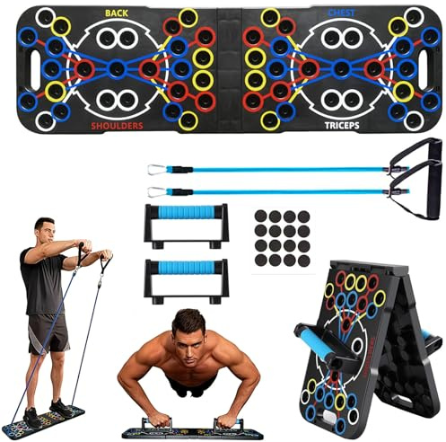 Ogetok Tabla Push Up, Barra de Flexión Plegable Multifunción Portátil 25 En 1, Soporte de Flexión de Entrenamiento de Fuerza con Asas y Bandas de Resistencia para Hombres y Mujeres