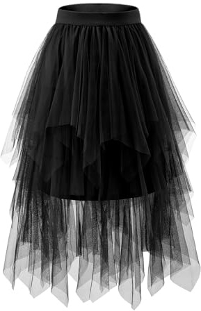 bridesmay Tüllrock Damen Elastischer Waistednd Asymmetrisch Sommerrock Midirock Halloween Karneval Party A-Linie Röcke Black M