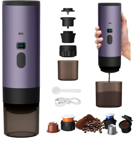 3 In 1 Caffettiera Portatile Macchina Da Caffè Portatile Grande/Piccole Capsule/Caffè In Polvere, 8-10 min Riscaldamento Rapido, Ricaricabile 12 V, Per Casa, Ufficio, Campeggio, Viaggi, Auto (Viola)
