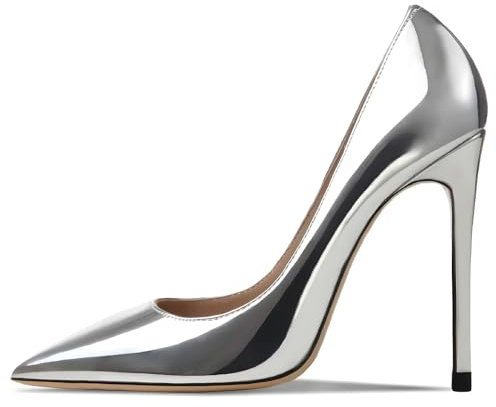 Qynthra Zapatos de Corte Metálico Plateado Mujer de Punta Afilada Tacones Stiletto Cuero Patentado Elegantes Profesionales Zapatos de Tacón Alto para Oficina y Vestir Formal,Silver 12cm,44 EU