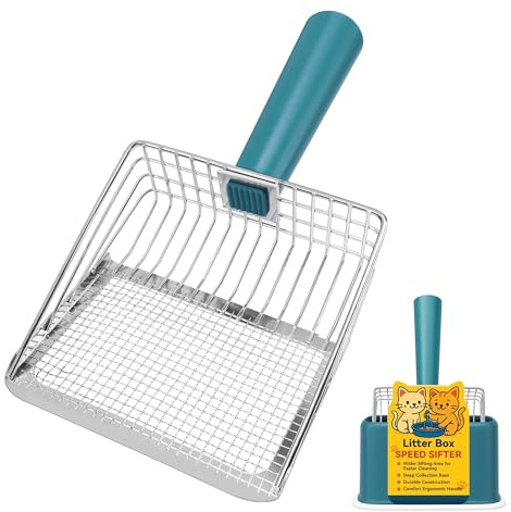 Bedama Metal Cat Litter Scoop with Holder, Heavy Duty Deep Sifter with Dual-Hole (10mm/5mm) for Pellets & Clay, Non-Stick (Blue)