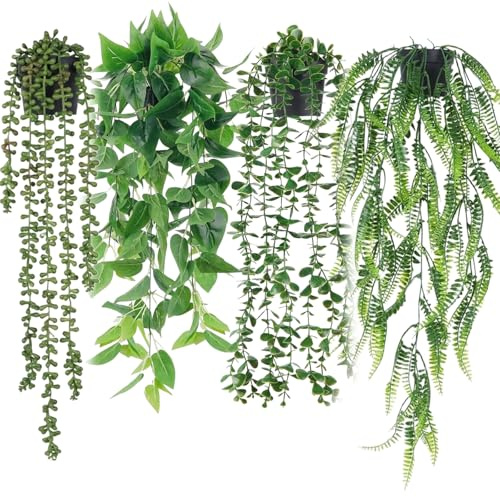 Lonwiner 4 Piezas Plantas Artificiales Colgantes, Pothos en Pot para Inicio Habitación Pared Estantería Interio Decorativas para Cocina Sala de Estar Balcón Jardín