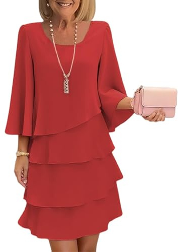 Robe en mousseline de soie à volants pour femme, manches 3/4, élégante, fluide, col rond, à volants fluides, robe de cocktail décontractée pour mariage, fête, sortie