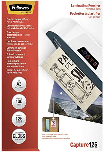 Fellowes Laminierfolie A3, 125 Mikron (2 x 125 mic), mit selbstklebender Rückseite für Aushänge und Hinweisschilder, 100 Stück