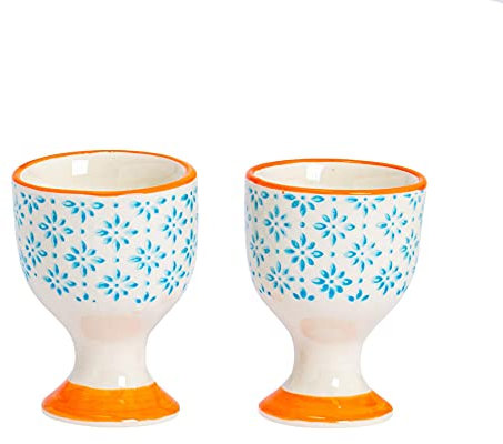 Nicola Spring Porcelain Breakfast Egg Cups - Blue/Orange Pattern Print - 54x73mm - Pack of 2