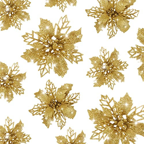 GWHOLE 21 Pezzi Fiori per Albero di Natale Artificiale Glitter Fiore Poinsettia Artificiale di Natale Ornamenti per Albero di Natale Fiore Artificiale Oro, 9/11/16CM