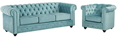 Vente-unique - Canapé 3 Places et Fauteuil Chesterfield - Velours Bleu Pastel
