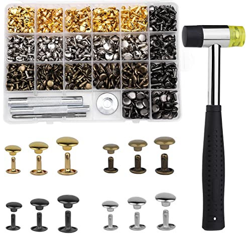 SUVSOON 360 Sets Leather Rivet Kit 4 Colors Double Cap Rivets for Leather 3 Sizes with Rubber Hammer Installation Tool Kit 4 Pieces for DIY Leather Craft Clothes Shoes Decoration and Repair