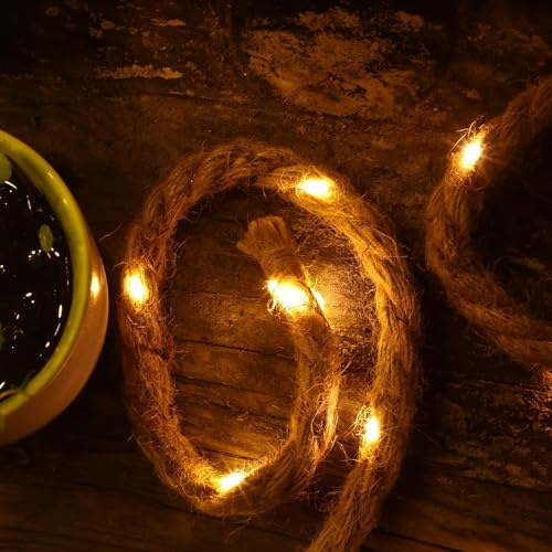 Gresonic LED-ljuskedja repbelysning 80 LED 6 m lång med kontakt timer bomullsrep natursnöre juterep varmt vitt ljus färg trädgård dekoration inomhusbelysning juldekoration