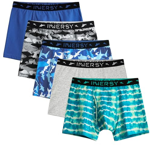 INNERSY Boys Underwear Cotton Boxers with Fly Pants 6-18 Years Multipack 5 | Soft Breathable Boxer Briefs for Kids & Teens, Front Opening Underpants, Daily and P.E. at School, Stretchy Trunks, Tag-free