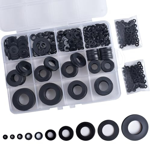 OURUI 600Pcs 10 Sizes Nylon Flat Washers for Screw Bolts, Plastic Round Black Washer Assortment Kit for Electrical Connections Household Commerical Appliances, M14 M12 M10 M8 M6 M5 M4 M3 M2.5 M2