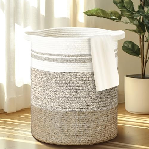 BBLTIFF Cesto Portabiancheria 50L, Portabiancheria Sporca Cotone con Manico, Ceste Portaoggetti, Cesta Panni Sporchi 32 x 47 CM per Riporre Vestiti, Biancheria da Letto e Giocattoli (Bianco e Marrone)