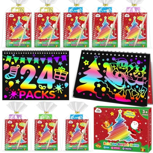 ZMLM Libros Scratch Art Detalles Cumpleaños Niños, Creativo Arco Iris Dibujar de Rascar Kit con Lápices de Madera, Plantillas de Dibujo para Fiesta Regalos Cumpleaños Niños Colegio (24PCS Navidad)