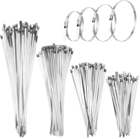 JIZZU 200 Pièces Attaches de câble Robustes Métallique, Serre-câbles Acier Autobloquante 5x300mm, Collier de Serrage Inox Autobloquante pour Câbles Groupés, Entretenir les Clôtures