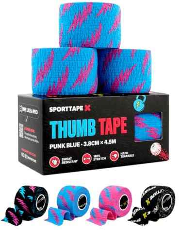 SPORTTAPE 3 Rouleaux Tape Crossfit, Hook Grip Strap Doigt, Bleu | Pouce Grip Tape haltérophilie pour la prévention des callosités et des ampoules | Résistant transpiration et magnésie (3,8 cm x 4,5 m)