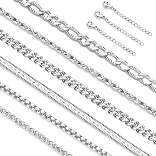 Adramata 6 st kedja för män i rostfritt stål kubanska kedjor/rep/box/figaro/fiskbens/flätat - längd 40/45/50/55/60 cm - herrhalsband silver/guld - gåvor till dam pojkar, 50CM, Rostfritt stål, Ingen
