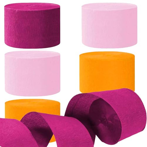 We Moment Zone 6 Rolls Rose Red Pink Orange Crepe Paper Streamers(Each Roll 25M x 4.5CM)，Pink Orange Party Decorations Streamer for Girl Birthday Baby Shower Wedding Party Decorations