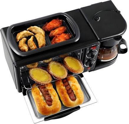 Amhuui Estación de Desayuno 3 en 1, Máquina de Desayuno Multifunción, Cafetera y Plancha, Horno de 9L, con Temperatura Ajustable de 100°C-230°C y Temporizador de 60min, Sartén Antiadherente