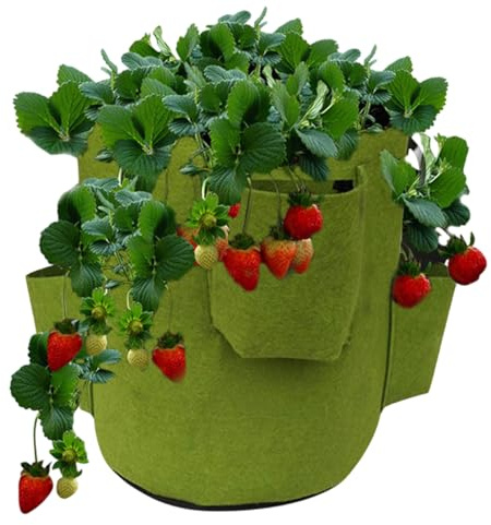 Bolsa Para Cultivar Fresas – Maceta Colgante Reutilizable De 5 Galones De Fieltro | Tiesto Transpirable De Tela – Bolsa De Jardín Vertical Para Terraza, Balcón & Patio | Contenedor Con Múltiples Bolsi