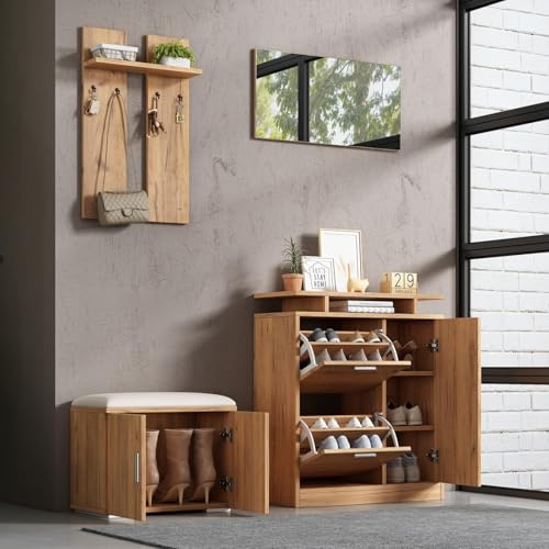 EURHCIO Lot de 4 Meuble D'entrée,Ensemble Complet D'entrée avec Miroir,Porte Manteau Mural à 4 Crochets,Banc Rembourré,Rangement Chaussure avec Tiroir Réversibles et Étagères(J-Naturel)