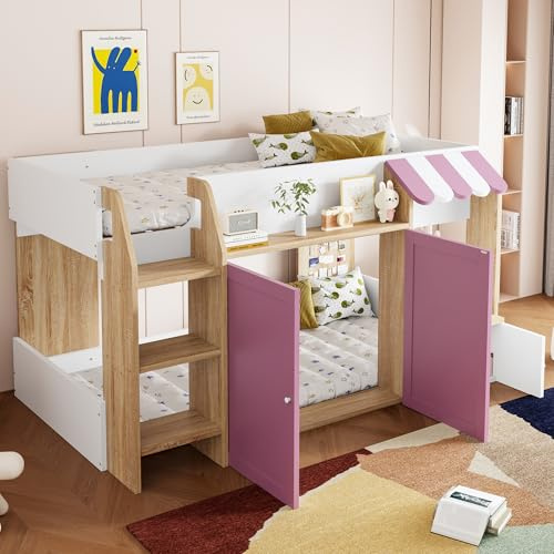 Lexiou Cama infantil de 90 x 200 cm, con espacio de almacenamiento abierto, con escalera, cama alta para niños, de madera maciza, sin colchón (blanco+rosa+color madera)