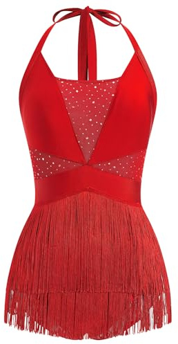EFOGEP Womens Latin Dance Costume Sequins Fringe Bodysuit Sparkly Tassel Dance Leotard Halter Neck Latin Tangos Salsa Jazz Acrobat Outfits Red XL