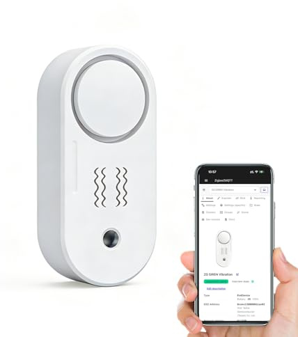 Haozee Capteur de vibration Zigbee avec fonction d'alarme, sirène sans fil 110 dB | Système de sécurité à piles - Prend en charge Home Assistant & Zigbee2MQTT (pour armoires et meubles)