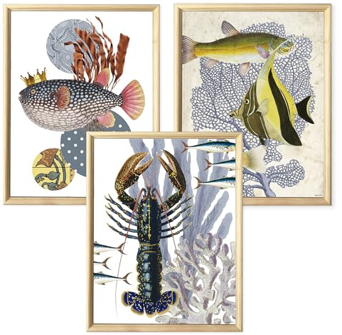 ORDEN CAOTICO Set de 3 Láminas Marinas Decorativas 30x40 cm | Cuadros Océano Vintage con Peces y Langosta | Decoración Costera para Salón, Comedor y Dormitorio | Sin Marco