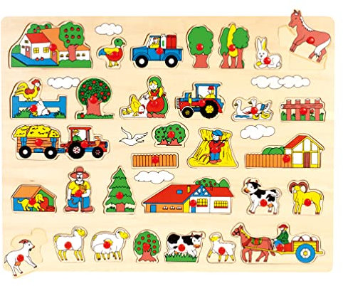 Bino & Mertens 88073 Steckpuzzle Bauernhof, Spielzeug für Kinder ab 3 Jahre, Kinderspielzeug (Maxi-Holzspielzeug mit Bildern rund um den Bauernhof, unterschiedliche Formen und Gestalten, besonders groß), Mehrfarbig