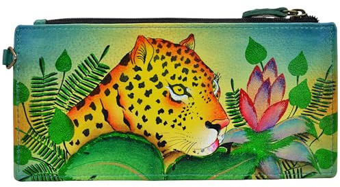 Anuschka Damen Women's Hand Painted Leather Organizer Wallet Anna by Geldbörse, handbemalt, echtes Leder, Leopardenmuster, Dschungel Leopard