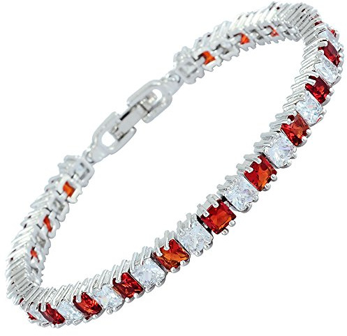 [RIZILIA Cubetto Di Ghiaccio] Princess Cut Simulata Rosso Rubino CZ 18K Placcato In Oro Bianco Bracciale Tennis, [18cm/7inch]