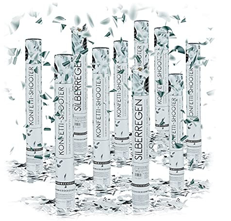 Relaxdays 10 x Party Popper 40 cm im Konfettikanonen Set, Konfetti Bombe für Hochzeit und Geburtstag, Konfetti Shooter 6-8 m Effekthöhe, Silber metallic