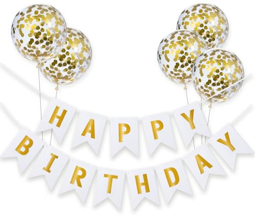 Meowoo Banner Happy Birthday Girlande mit 5 Goldenen Latexballons, Geburtstag Deko Zubehör Party Dekoration Banner und Ballon Set Geeignet für alle Altersgruppen (Weiß)