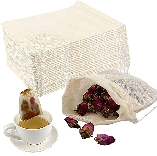 50pcs Cotone Bustina di Tè Vuota Con Coulisse Sacchetti Cotone Mussola Bustine da Tè Filtro Riutilizzabili Sacchettini Garza Alimentare per Tè Sfuso Tisane Caffè Grani Spezie 8 x 10 cm