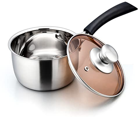 E-far 1 Quart Saucepan with Lid, Stainless Steel Small Sauce Pot with Glass Lid for Cooking, Easy Clean & Rust Free, Dishwasher Safe