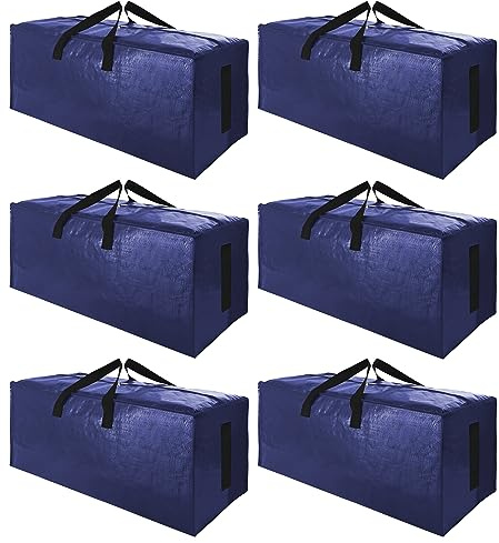 SWEET DOLPHIN 6 Pack Extra Large Moving Bags with Strong Zippers & Carrying Handles, Heavy Duty Storage Tote for Space Saving Moving Storage, Fold Flat, Alternative to Moving Box (Navy Blue)