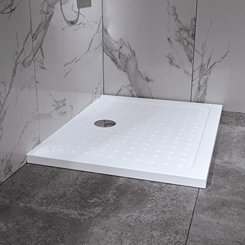 MOG Plato de Ducha 75x90 cm - Plato de ducha plano de acrílico sanitario resistente con tacos antideslizantes incl. juego de desagüe con sifón - Blanco