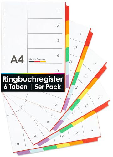 OfficeTree 5x Ringbuch Register DIN A4 mit 6 Taben - Register für Ordner A4 Farbig - Ordner Trennblätter - Karton Register DIN A4 mit Multilochung für Ordner oder Ringbuch