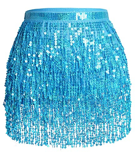 Belly Dance Hip Scarf Sequin Tassel Skirt Performance Outfits Sparkly Fringe Wrap Halloween Costume Party Rave Festival for Women and Girls, Blue