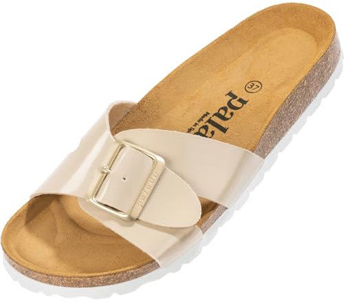 Palado Pantoletten Damen Tinos - bequeme Sandalen Made in Spain - elegante Hausschuhe mit Kork-Fußbett - modische Sommerschuhe Beige Lack UK3,5 - EU36
