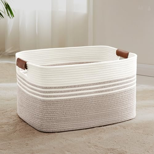 SunNewt 72L Large Laundry Basket with Leather Handles for Living Room Storage, Woven Rope Baskets Bin for Blanket, Kids Toy, Gifts, Wicker Hamper for Bedroom Dirty Clothes, 22x17x12 White Brown