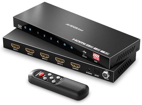 AVIDGRAM Switch HDMI a 4 porte 4K 120Hz, Switcher HDMI 2.1 4 in 1 out 8K 60Hz con estrattore audio Toslink 3,5 mm e telecomando, 16 modalità EDID, HDCP 2.3, HDR10, VRR, ALLM, QFT, CEC